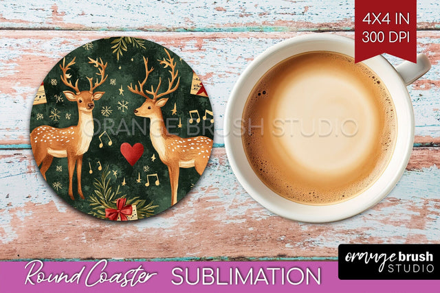 Christmas Deer Round Coaster PNG - Vintage Christmas Coaster Sublimation OrangeBrushStudio 