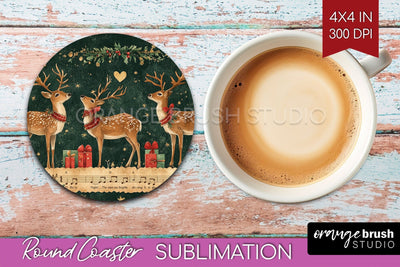 Christmas Deer Round Coaster PNG - Vintage Christmas Coaster Sublimation OrangeBrushStudio 