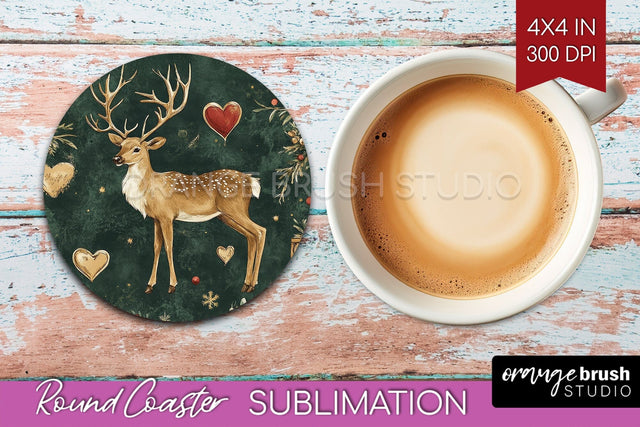 Christmas Deer Round Coaster PNG - Vintage Christmas Coaster Sublimation OrangeBrushStudio 