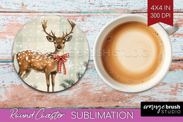 Christmas Deer Round Coaster PNG - Vintage Christmas Coaster Sublimation OrangeBrushStudio 