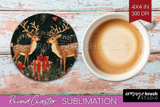 Christmas Deer Round Coaster PNG - Vintage Christmas Coaster Sublimation OrangeBrushStudio 