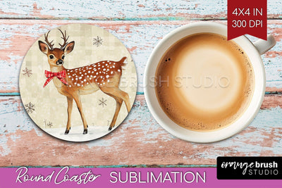 Christmas Deer Round Coaster PNG - Vintage Christmas Coaster Sublimation OrangeBrushStudio 
