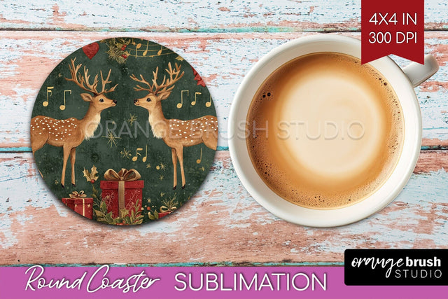 Christmas Deer Round Coaster PNG - Vintage Christmas Coaster Sublimation OrangeBrushStudio 