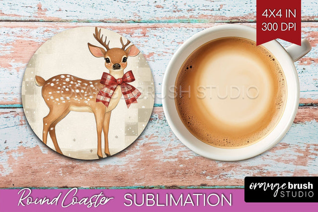 Christmas Deer Round Coaster PNG - Vintage Christmas Coaster Sublimation OrangeBrushStudio 