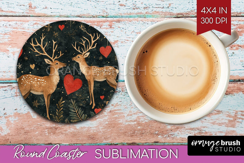 Christmas Deer Round Coaster PNG - Vintage Christmas Coaster Sublimation OrangeBrushStudio 