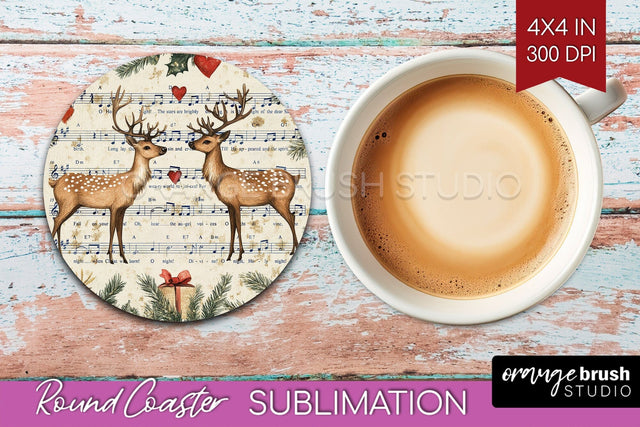 Christmas Deer Round Coaster PNG - Vintage Christmas Coaster Sublimation OrangeBrushStudio 
