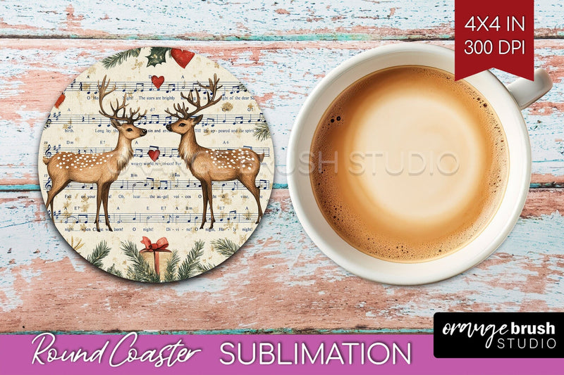 Christmas Deer Round Coaster PNG - Vintage Christmas Coaster Sublimation OrangeBrushStudio 