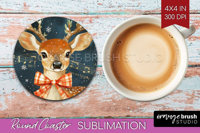 Christmas Deer Round Coaster PNG - Vintage Christmas Coaster Sublimation OrangeBrushStudio 