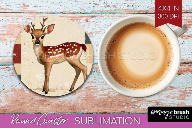 Christmas Deer Round Coaster PNG - Vintage Christmas Coaster Sublimation OrangeBrushStudio 