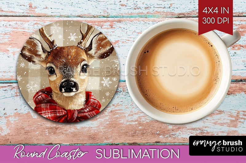 Christmas Deer Round Coaster PNG - Vintage Christmas Coaster Sublimation OrangeBrushStudio 