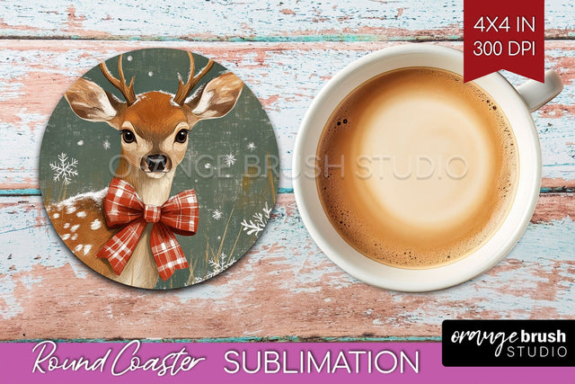 Christmas Deer Round Coaster PNG - Vintage Christmas Coaster Sublimation OrangeBrushStudio 