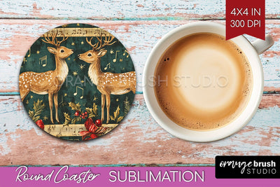 Christmas Deer Round Coaster PNG - Vintage Christmas Coaster Sublimation OrangeBrushStudio 