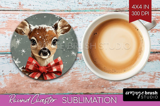 Christmas Deer Round Coaster PNG - Vintage Christmas Coaster Sublimation OrangeBrushStudio 