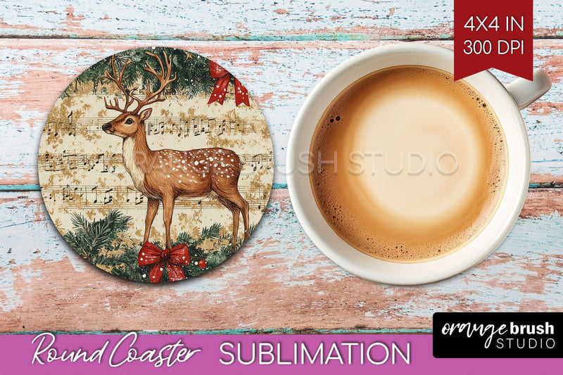 Christmas Deer Round Coaster PNG - Vintage Christmas Coaster Sublimation OrangeBrushStudio 