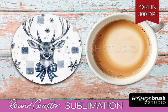 Christmas Deer Round Coaster PNG - Vintage Christmas Coaster Sublimation OrangeBrushStudio 