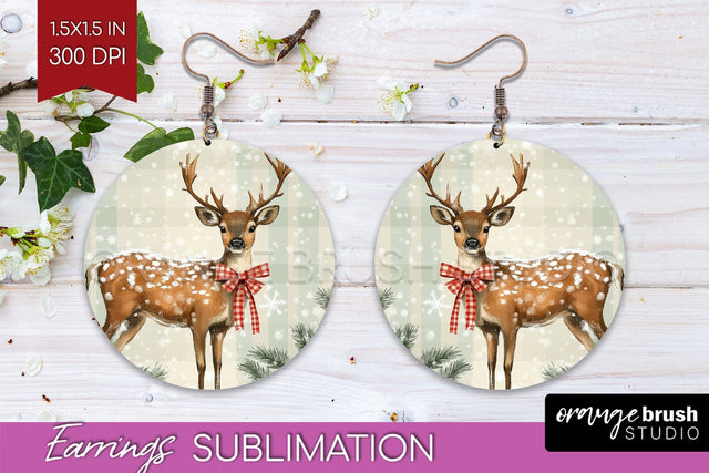 Christmas Deer Round Earrings, Vintage Christmas Sublimation Sublimation OrangeBrushStudio 