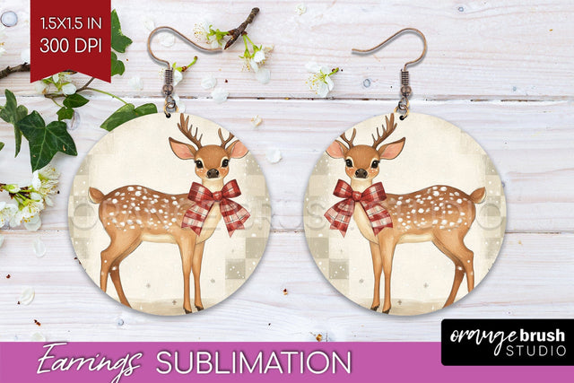 Christmas Deer Round Earrings, Vintage Christmas Sublimation Sublimation OrangeBrushStudio 