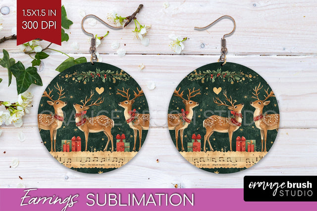 Christmas Deer Round Earrings, Vintage Christmas Sublimation Sublimation OrangeBrushStudio 