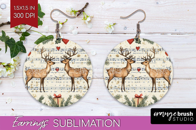 Christmas Deer Round Earrings, Vintage Christmas Sublimation Sublimation OrangeBrushStudio 