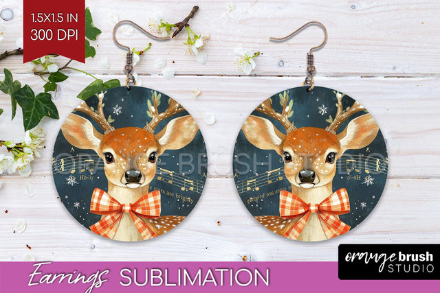 Christmas Deer Round Earrings, Vintage Christmas Sublimation Sublimation OrangeBrushStudio 