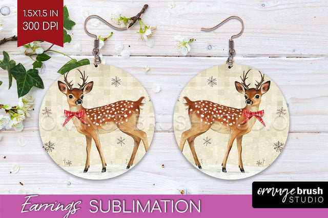 Christmas Deer Round Earrings, Vintage Christmas Sublimation Sublimation OrangeBrushStudio 