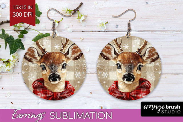 Christmas Deer Round Earrings, Vintage Christmas Sublimation Sublimation OrangeBrushStudio 