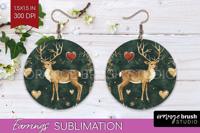 Christmas Deer Round Earrings, Vintage Christmas Sublimation Sublimation OrangeBrushStudio 