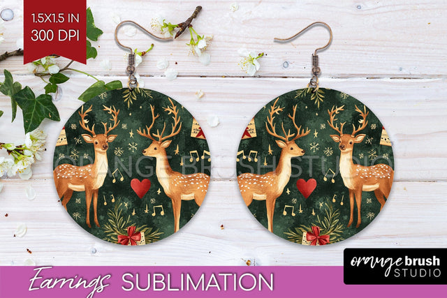 Christmas Deer Round Earrings, Vintage Christmas Sublimation Sublimation OrangeBrushStudio 