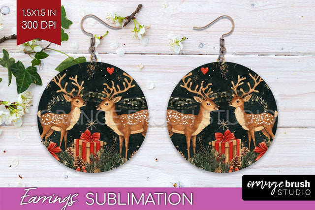 Christmas Deer Round Earrings, Vintage Christmas Sublimation Sublimation OrangeBrushStudio 