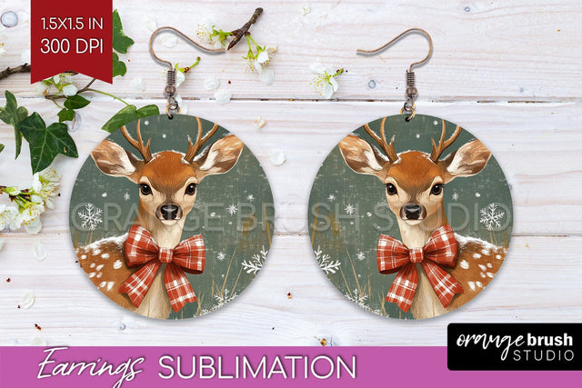 Christmas Deer Round Earrings, Vintage Christmas Sublimation Sublimation OrangeBrushStudio 