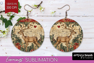 Christmas Deer Round Earrings, Vintage Christmas Sublimation Sublimation OrangeBrushStudio 