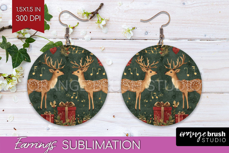 Christmas Deer Round Earrings, Vintage Christmas Sublimation Sublimation OrangeBrushStudio 