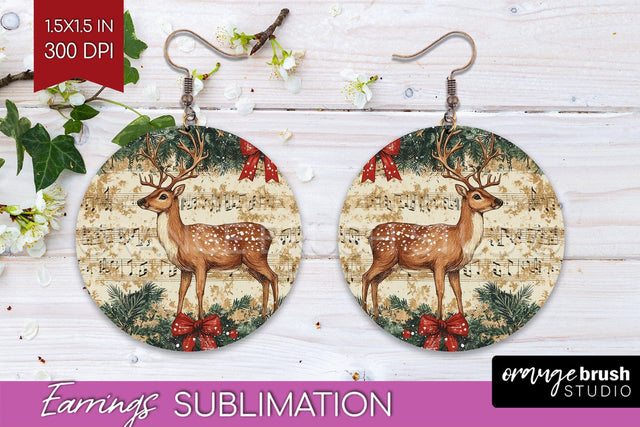 Christmas Deer Round Earrings, Vintage Christmas Sublimation Sublimation OrangeBrushStudio 