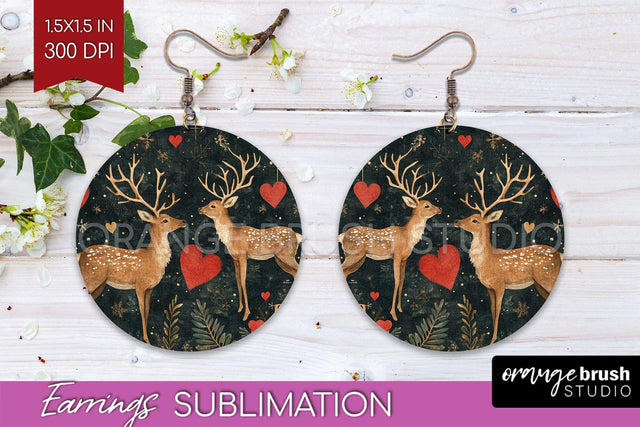 Christmas Deer Round Earrings, Vintage Christmas Sublimation Sublimation OrangeBrushStudio 