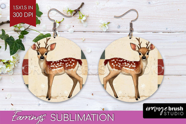 Christmas Deer Round Earrings, Vintage Christmas Sublimation Sublimation OrangeBrushStudio 