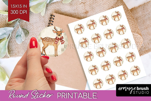 Christmas Deer Round Sticker - Printable Sticker Sheet Sublimation OrangeBrushStudio 