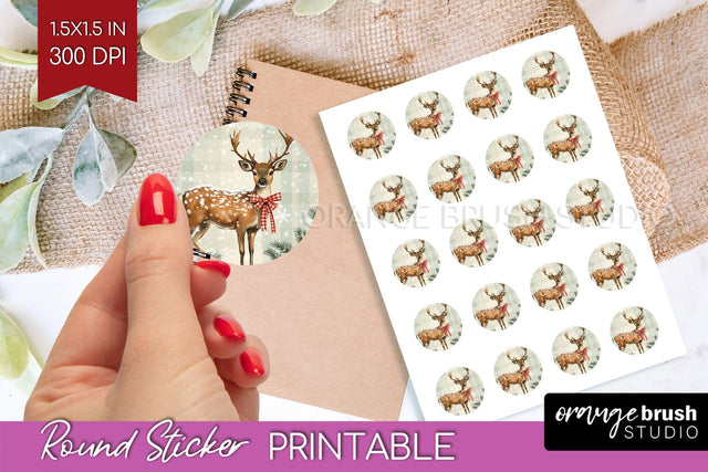 Christmas Deer Round Sticker - Printable Sticker Sheet Sublimation OrangeBrushStudio 