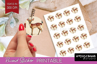 Christmas Deer Round Sticker - Printable Sticker Sheet Sublimation OrangeBrushStudio 