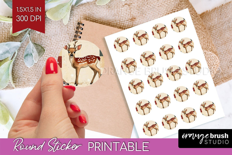 Christmas Deer Round Sticker - Printable Sticker Sheet Sublimation OrangeBrushStudio 
