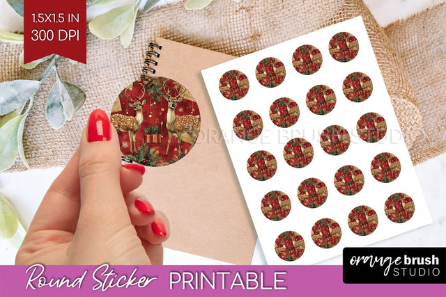 Christmas Deer Round Sticker - Printable Sticker Sheet Sublimation OrangeBrushStudio 