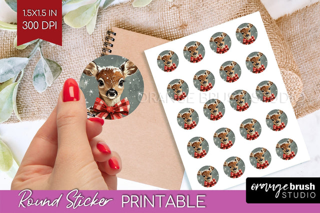 Christmas Deer Round Sticker - Printable Sticker Sheet Sublimation OrangeBrushStudio 