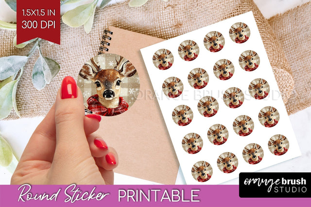 Christmas Deer Round Sticker - Printable Sticker Sheet Sublimation OrangeBrushStudio 