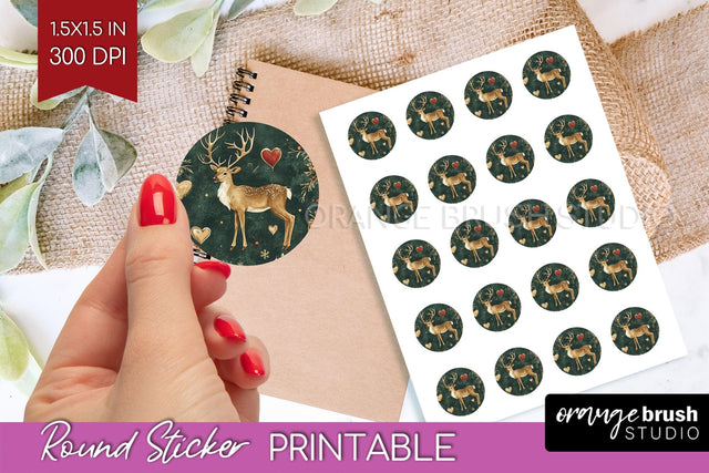 Christmas Deer Round Sticker - Printable Sticker Sheet Sublimation OrangeBrushStudio 
