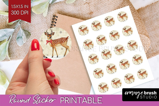 Christmas Deer Round Sticker - Printable Sticker Sheet Sublimation OrangeBrushStudio 