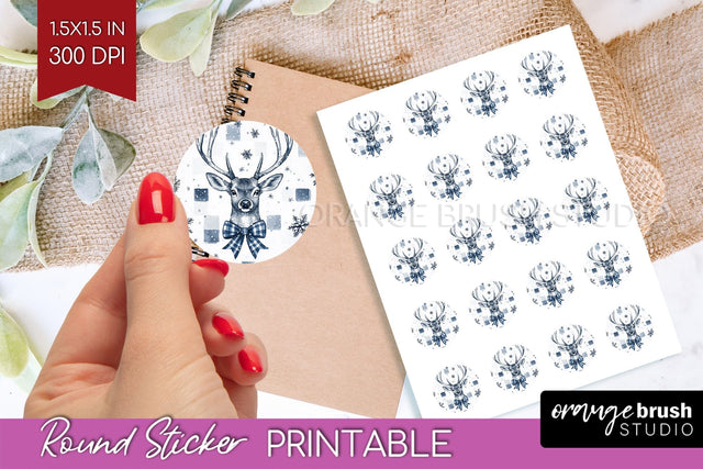 Christmas Deer Round Sticker - Printable Sticker Sheet Sublimation OrangeBrushStudio 