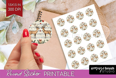 Christmas Deer Round Sticker - Printable Sticker Sheet Sublimation OrangeBrushStudio 