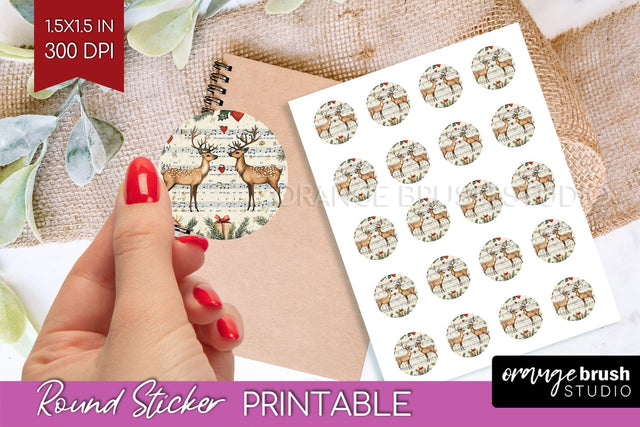 Christmas Deer Round Sticker - Printable Sticker Sheet Sublimation OrangeBrushStudio 