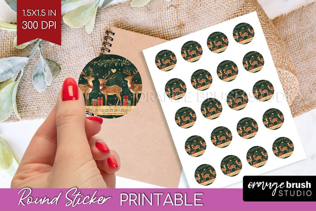 Christmas Deer Round Sticker - Printable Sticker Sheet Sublimation OrangeBrushStudio 