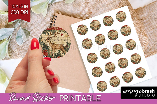 Christmas Deer Round Sticker - Printable Sticker Sheet Sublimation OrangeBrushStudio 