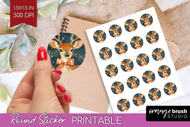 Christmas Deer Round Sticker - Printable Sticker Sheet Sublimation OrangeBrushStudio 